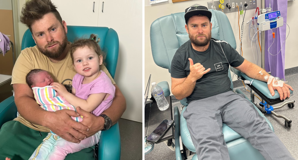 Lawrence holding his two girls (left) and Lawrence in a hospital chair with a drip in his arm (right).