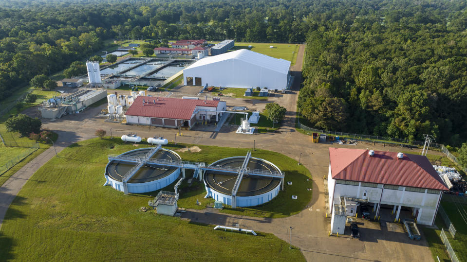 This is an aerial view of of the City of Jackson's O.B. Curtis Water Plant in Ridgeland, Miss., Thursday, Sept. 1, 2022. A recent flood worsened Jackson's longstanding water system problems. (AP Photo/Steve Helber)