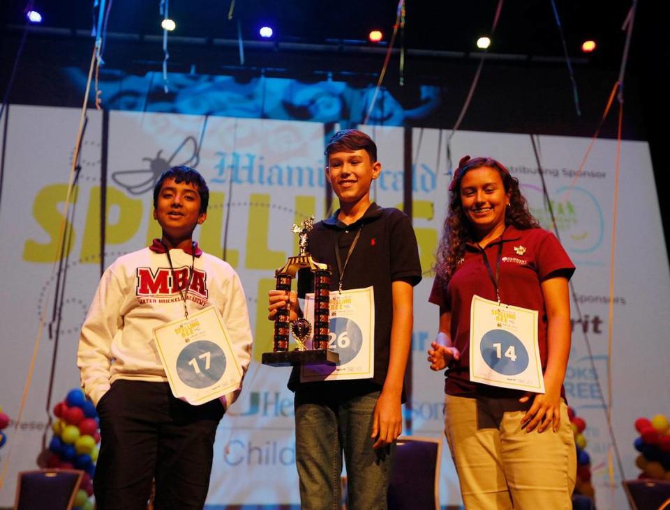 The first-, second- and third-place winners of the 83rd annual Miami Herald Spelling Bee for Miami-Dade and Monroe students. From left: Masarrat Rashid, an eighth-grader at Mater Brickell Academy, who placed third; Juan Rondeau, an eighth-grader at Westminster Christian School, who placed first and will compete in the nationals; and Camila Sanchez-Izquierdo, a seventh-grader at Highpoint Academy, who placed second.