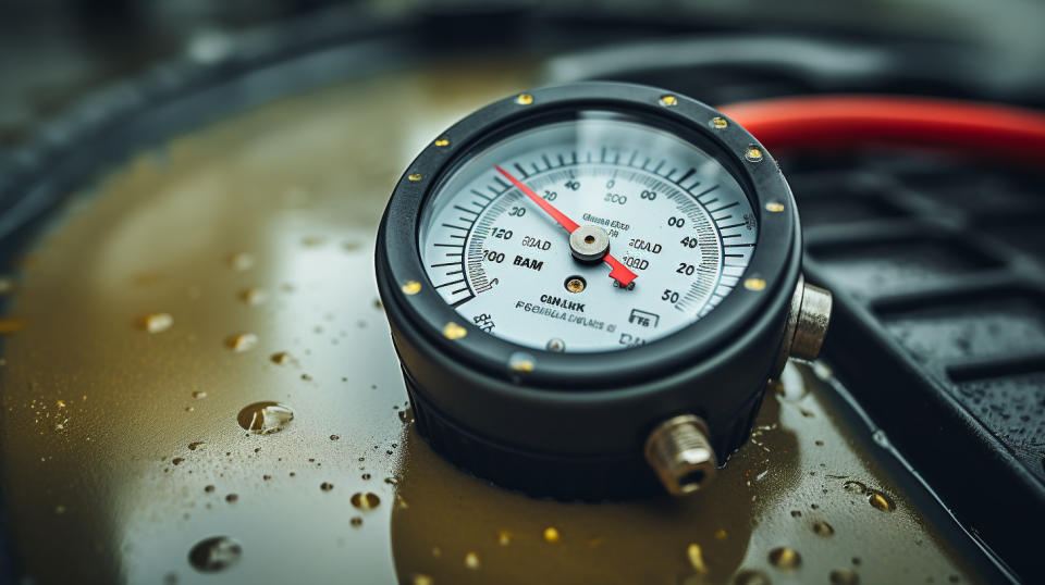 A close-up of a gauge measuring the quality of a water sample, taken for remote pit and tank monitoring.