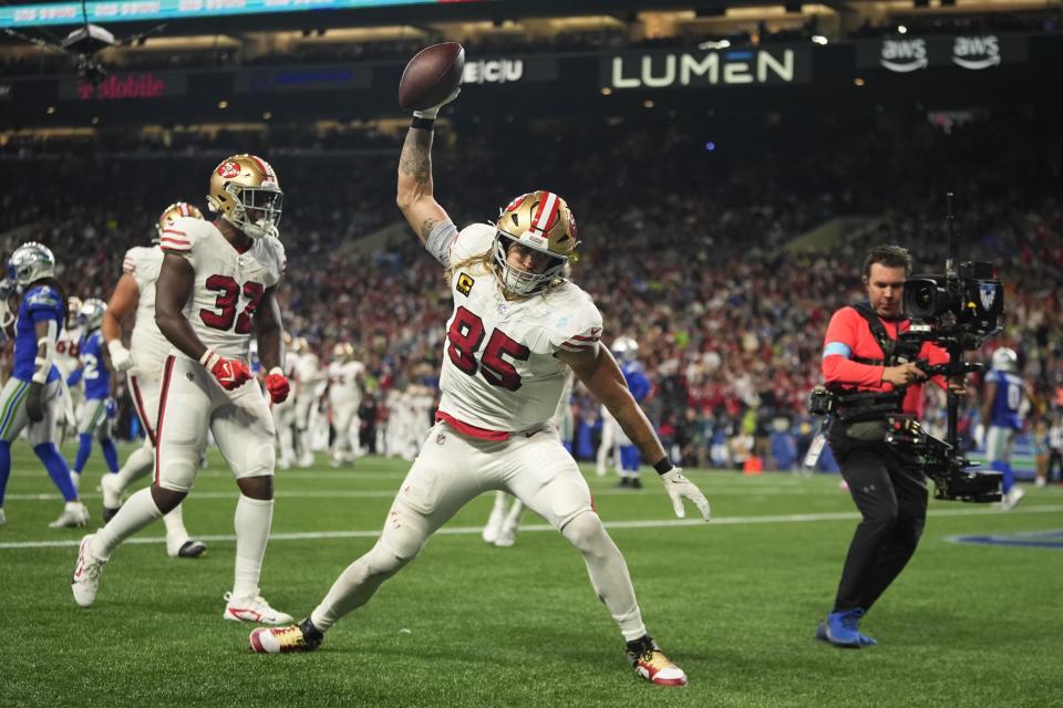 San Francisco 49ers' George Kittle (85) reacts after a touchdown against the Seattle Seahawks, Thursday, Oct. 10, 2024, in Seattle. (AP Photo/Lindsey Wasson)