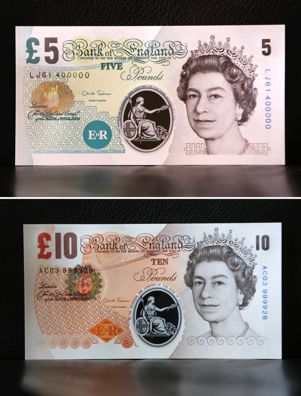 Composite photo of samples of Polymer five and ten pound banknotes shown during the news conference at the Bank of England in London during a consultation on plans to issue plastic bank notes within the next three years.