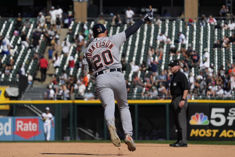 Detroit Tigers' Spencer Torkelson celebrates as he rounds the bases after hitting a solo home run during the seventh inning of a baseball game against the Chicago White Sox in Chicago, Sunday, Sept. 3, 2023. (AP Photo/Nam Y. Huh)