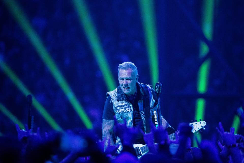 Metallica's James Hetfield performs during the M72 World Tour at Ford Field in Detroit on Friday, Nov. 10, 2023