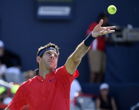 Aug 9, 2017; Montreal, Quebec, Canada; Juan Martin Del Potro of Argentina serves against against Denis Shapovalov of Canada (not pictured) during the Rogers Cup tennis tournament at Uniprix Stadium. Mandatory Credit: Eric Bolte-USA TODAY Sports