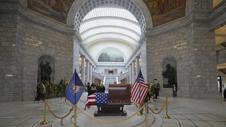 Former U.S. Sen. Orrin Hatch lies in state at the Utah Capitol Wednesday, May 4, 2022, in Salt Lake City. Hatch, the longest-serving Republican senator in history and a fixture in Utah politics for more than four decades, died last month at the age of 88. (AP Photo/Rick Bowmer)