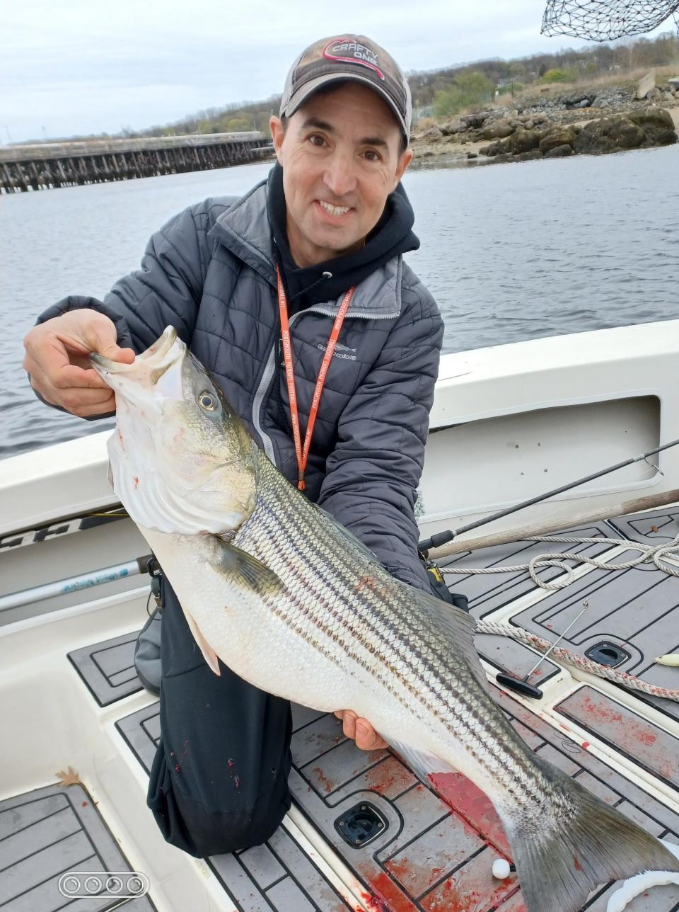 A smiling Matt Francis displays the very hungry female striper that ate his topwater plug all the way down into her gills. The fish had already consumed more than enough food to sustain her for a full day when she attacked the plug. That striper was holding in the same location where Outdoors columnist Charley Soares has been fishing and catching stripers for more than 60-years.