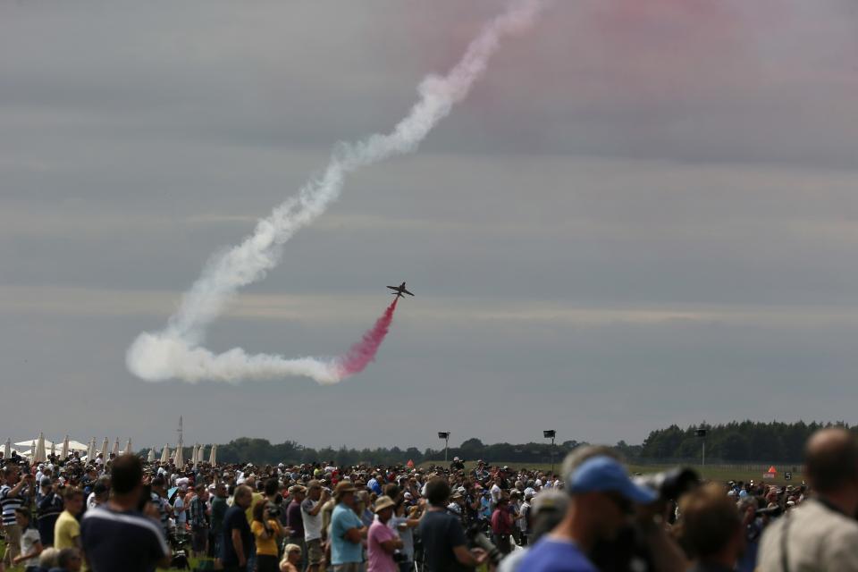 The Royal Air Force aerobatic team, the Red Arrows, perform during The Royal International Air Tattoo at the RAF in Fairford