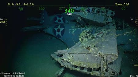 Fighter aircraft are seen in the wreckage of the sunken USS Lexington, a World War Two U.S. Navy aircraft carrier, in this handout image obtained March 6, 2018 courtesy of Paul G. Allen. Mandatory Credit PAUL G. ALLEN/HANDOUT/via REUTERS