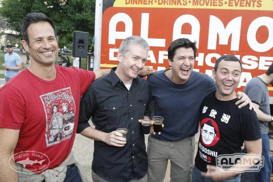 Dogfish Head’s Sam Calagione (left) and longtime friends Ken Marino (second from right) and Joe Lo Truglio (far right) in 2012 at Dogfish Head's fifth annual Off-Centered Film Festival in Austin, Texas.