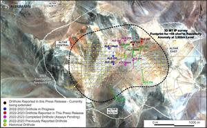 Plan map showing completed and active drill holes from the ongoing 2022/2023 drill program as well as ALD-22-220 and ALD-22-221 from the 2021/2022 drill program.