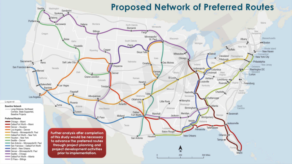 A network of preferred railway routes across the United States from the Federal Railway Administration (Courtesy: FRA)