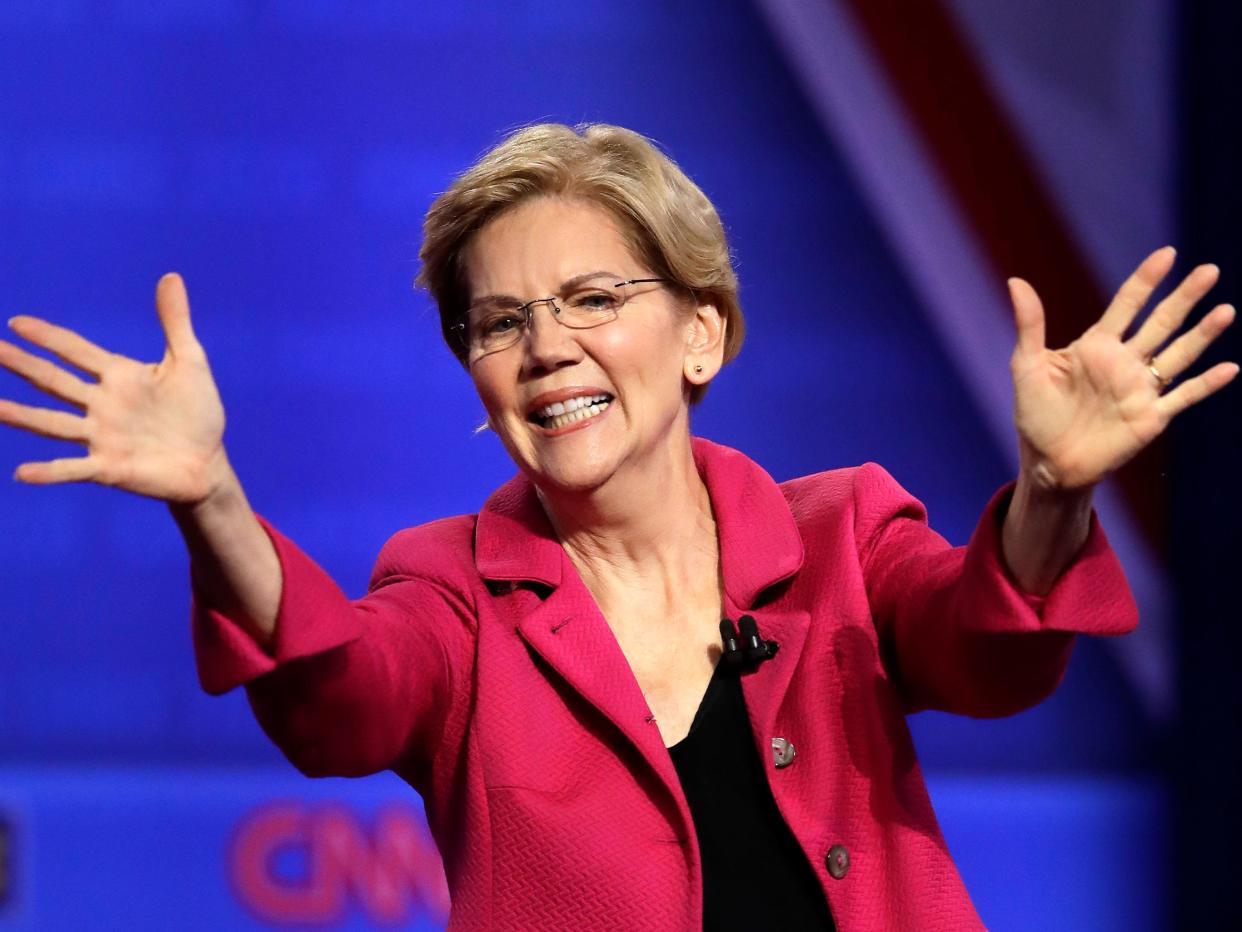 In this Oct. 10, 2019, photo, Democratic presidential candidate Sen. Elizabeth Warren, D-Mass., speaks during the Power of our Pride Town Hall in Los Angeles. (AP Photo/Marcio Jose Sanchez)