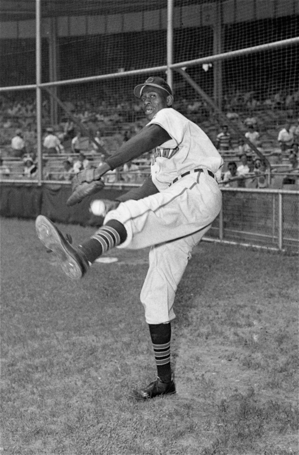 Leroy "Satchel" Paige, pitcher for Cleveland, is shown in a posed pitching photo taken on July 21, 1948. (AP Photo/Lindsay)