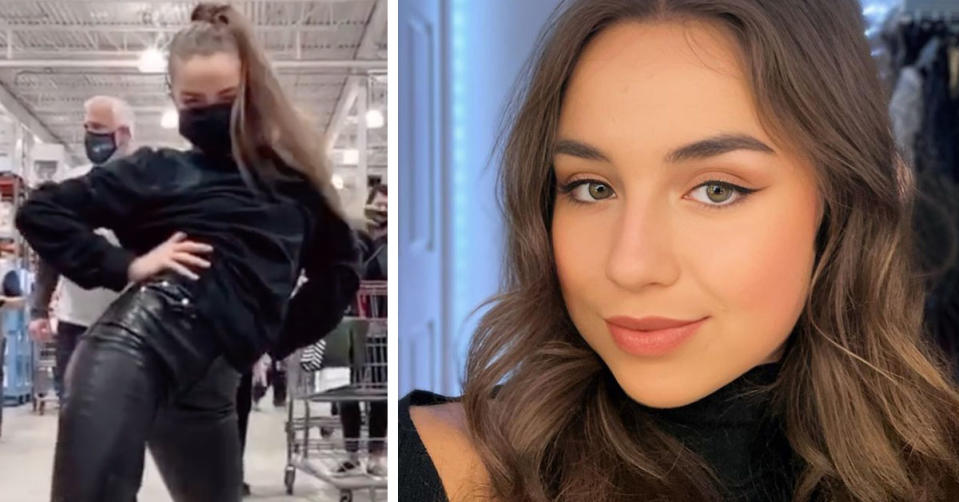 L: TikTok influencer Enola Bedard dancing in a costco. R: Enola Bedard posing for the camera