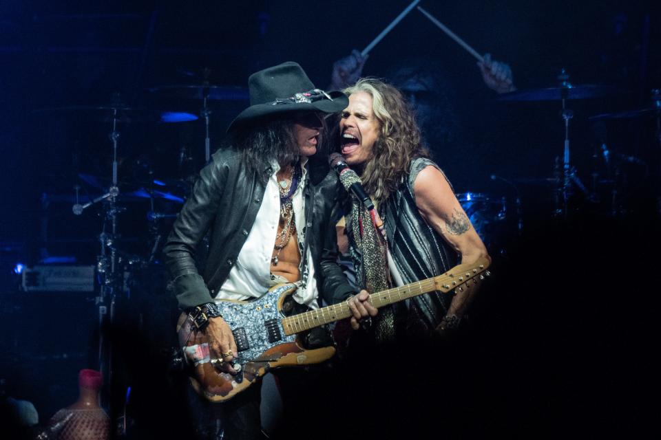 Joe Perry (left) and Steven Tyler of Aerosmith cranked out hits and deep cuts with the rest of the band for opening night of their Peace Out farewell tour in Philadelphia Sept. 2, 2023.