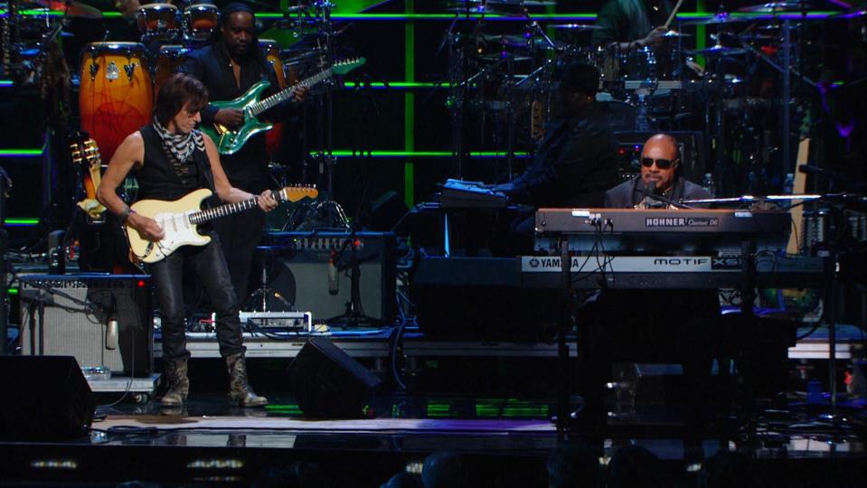 Jeff Beck (left) performs with Stevie Wonder at the Rock & Roll Hall of Fame's 25th anniversary concert at Madison Square Garden in New York in October 2009.