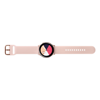 The Samsung Galaxy Active smart watch in rose gold with a pink rubber strap