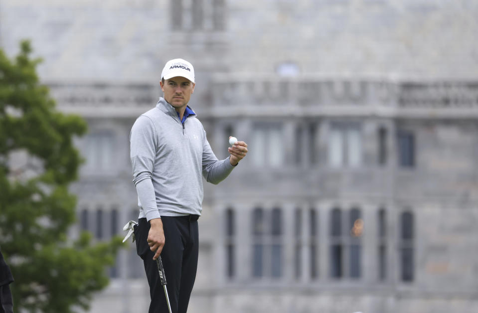 U.S golfer Jordan Spieth after putting out on the 9th green during the JP McManus Pro-Am at Adare Manor, Ireland, Tuesday, July, 5, 2022. (AP Photo/Peter Morrison)