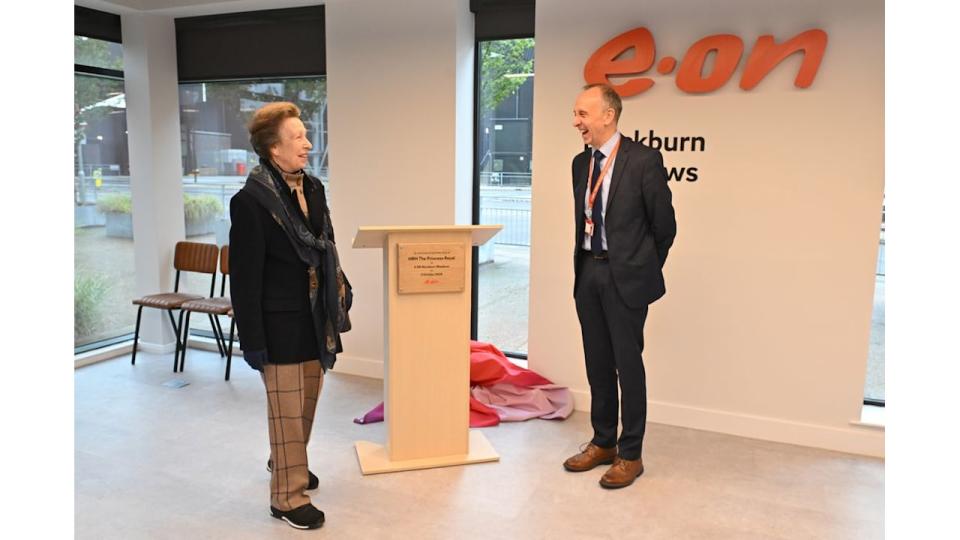   Anne, Princess Royal reacts with Chris Lovatt of E.ON as she visits E.ON's Blackburn Meadows renewable energy plant to tour the site and meet the team on October 2, 2024 in Sheffield, England