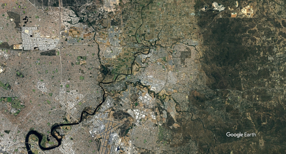 While Perth is intersected by a network of rivers, it can be risky for wildlife to access the water they provide. Source: Google Earth 