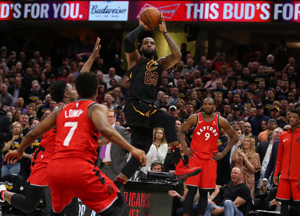 LeBron James rises for his game-winning shot Saturday night. (Getty)