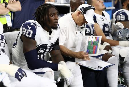 FILE PHOTO: Nov 29, 2018; Arlington, TX, USA; Dallas Cowboys defensive end Demarcus Lawrence (90) on the bench with defensive coordinator Rod Marinelli in the fourth quarter against the New Orleans Saints at AT&T Stadium. Mandatory Credit: Matthew Emmons-USA TODAY Sports
