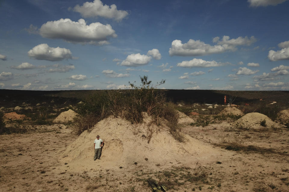 El botánico estadounidense Roy Funch posa junto a un montículo gigante construido por termitas, cerca de Barauna, Brasil, el 23 de noviembre de 2018. "Mientras los romanos construían sus columnas, sus edificios, estas termitas estaban construyendo sus montículos”, señaló Funch, añadiendo que las acumulaciones de tierra representan la mayor bioconstrucción de cualquier especie más allá de los humanos. (AP Foto/Victor R. Caivano)