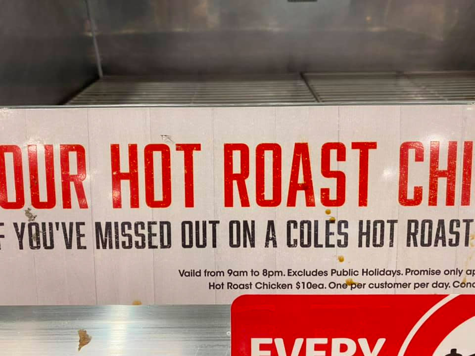 Coles Hot Roast Chicken sign.