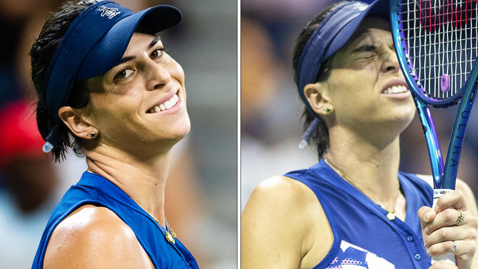 Ajla Tomljanovic is pictured in a side by side picture, smiling before grimacing in frustration.