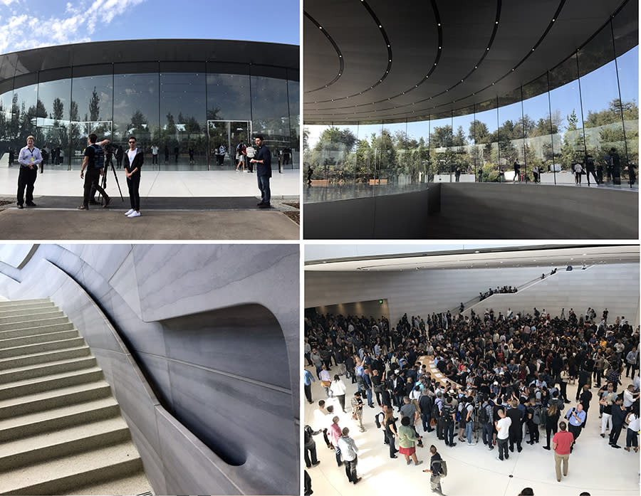 The Steve Jobs Theater is a gigantic carbon-fiber disc (the roof), supported entirely by curved glass panes. The actual theater is underground.