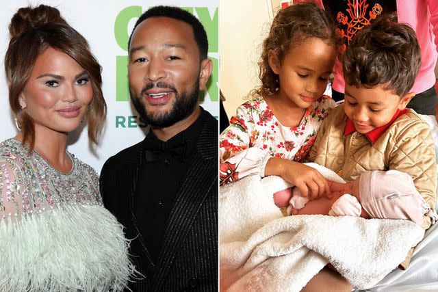 Hippolyte Petit/FilmMagic; Chrissy Teigen/Instagram Chrissy Teigen and John Legend (L); The couple's children Esti, Luna and Miles