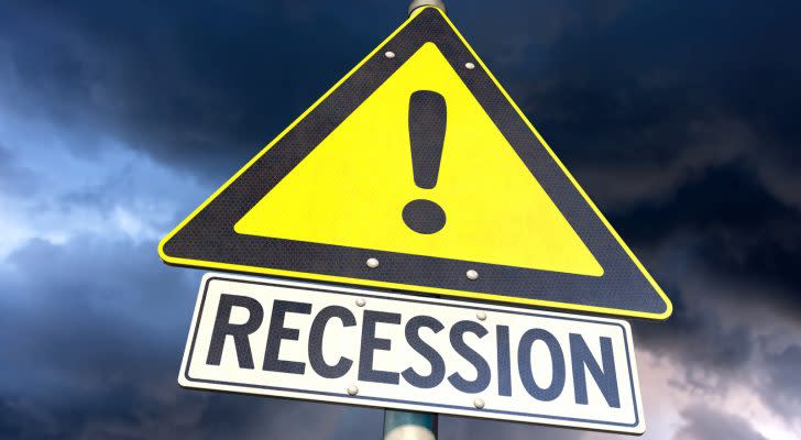 Warning sign with the word recession