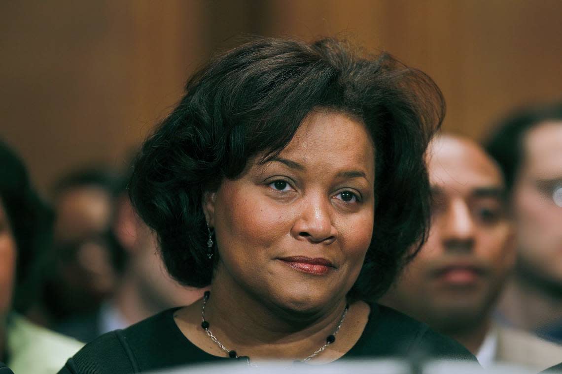 FILE - Judge J. Michelle Childs listens during her nomination hearing before the Senate Judiciary Committee on Capitol Hill in Washington, on April 16, 2010. (AP Photo/Charles Dharapak)