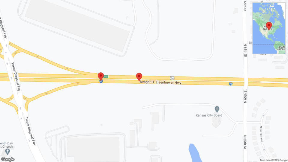 A detailed map that shows the affected road due to 'Broken down vehicle on eastbound I-70 in Kansas City' on November 24th at 2 p.m.