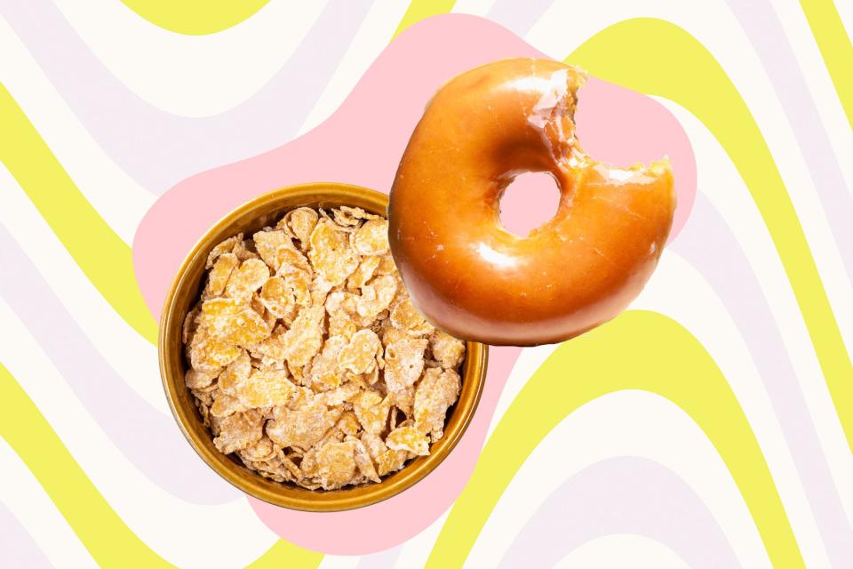 a collage of corn flakes with a plain glazed donut