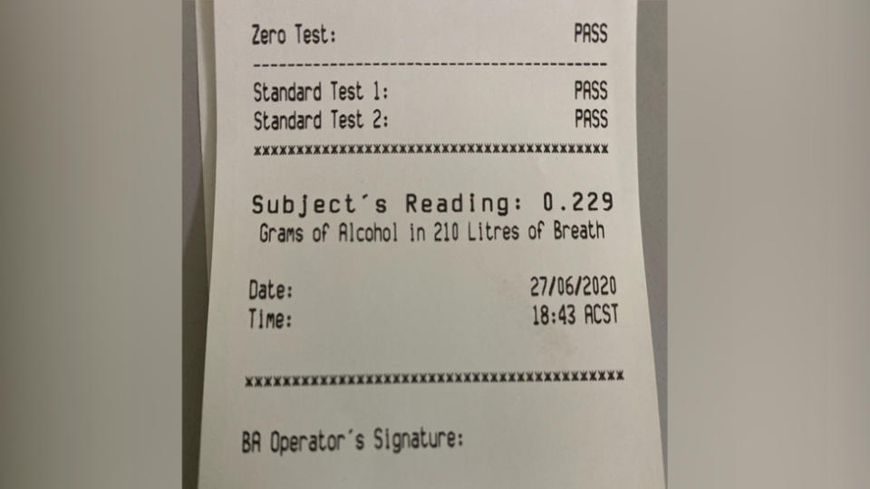 A print-out of a report indicating the Victorian man's alleged blood alcohol reading of 0.229 provided by South Australia police.