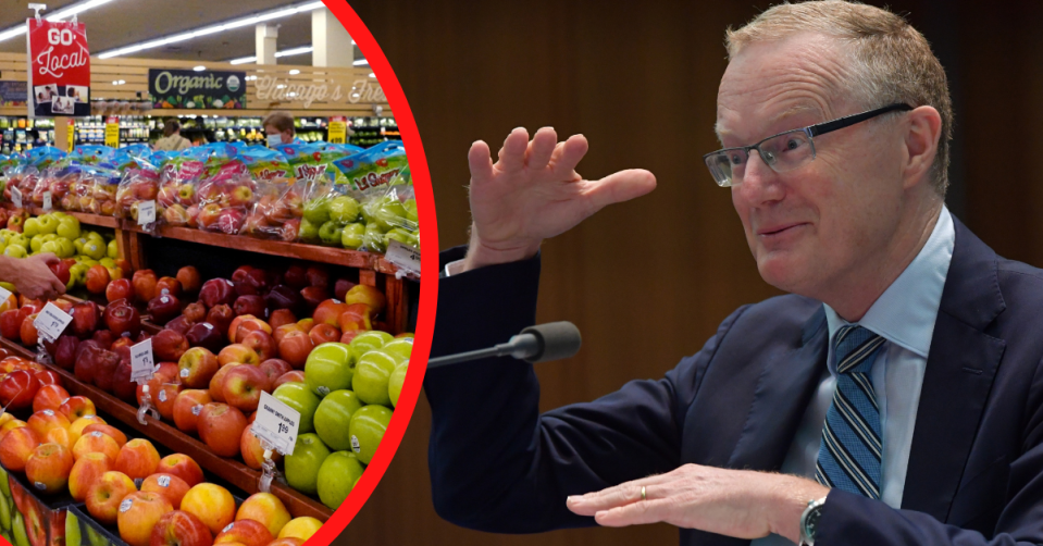 Fruite stalls in a supermarket and RBA Governor Philip Lowe speaking at the Standing Committee of Economics