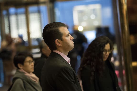 NEW YORK, NY - NOVEMBER 15: Donald Trump Jr. arrives in the lobby at Trump Tower, November 15, 2016 in New York City. President-elect Donald Trump is in the process of choosing his presidential cabinet as he transitions from a candidate to the president-elect. (Photo by Drew Angerer/Getty Images)