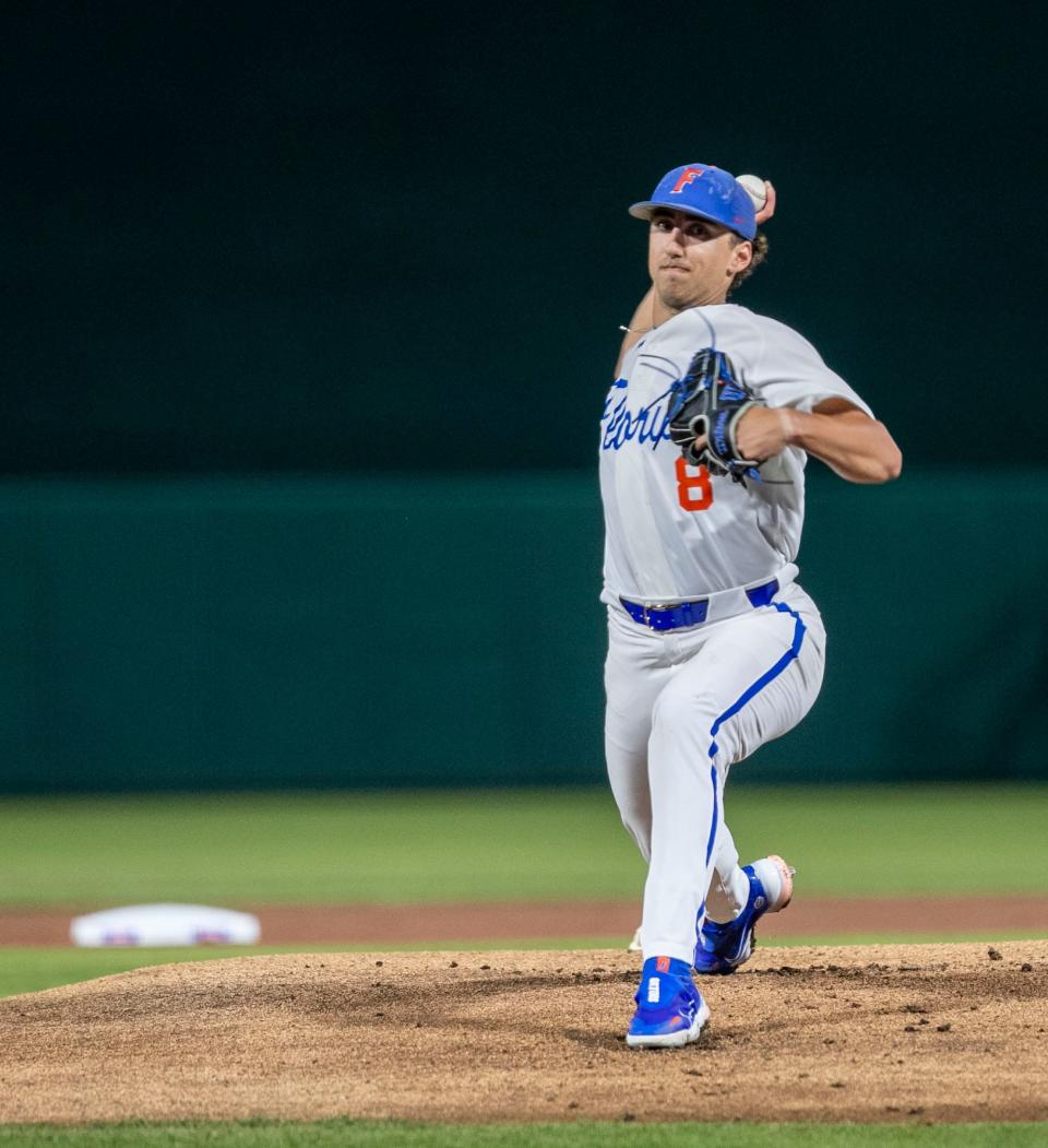 Florida's Brandon Sproat (8) was the starting pitcher for the Gator's 2023 season opener against Charleston Southern's Buccaneers, Friday, Feb. 17. The Gators host the Cincinnati Bearcats Friday, Saturday and Sunday in Gainesville.