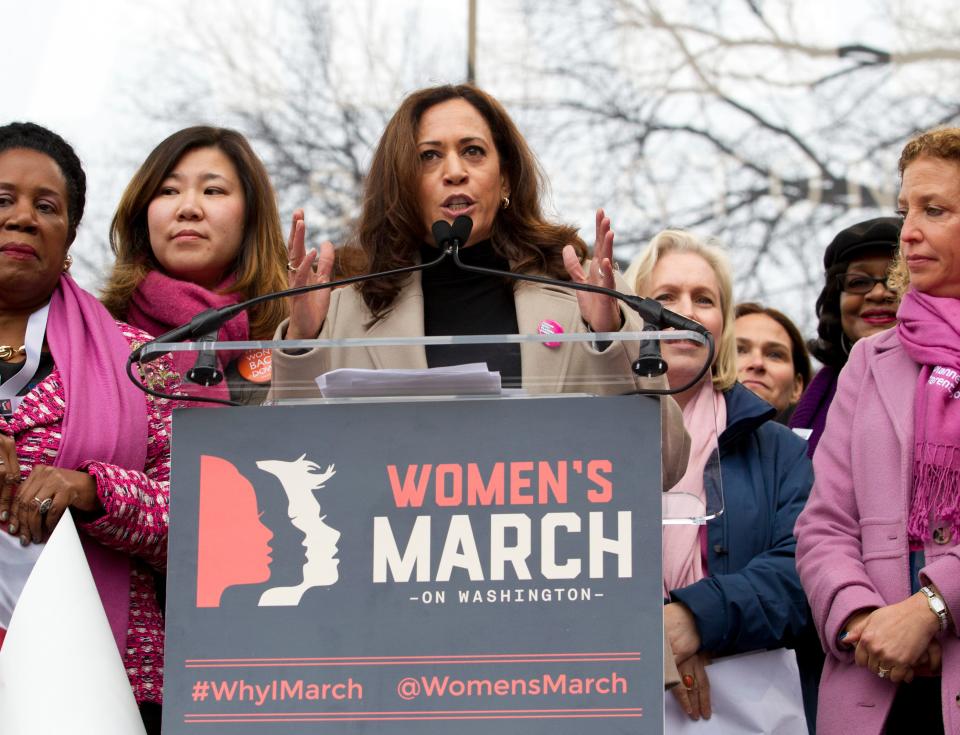 Sen. Kamala Harris speaks during the Women's March on Washington, Saturday, Jan. 21, 2017 in Washington.