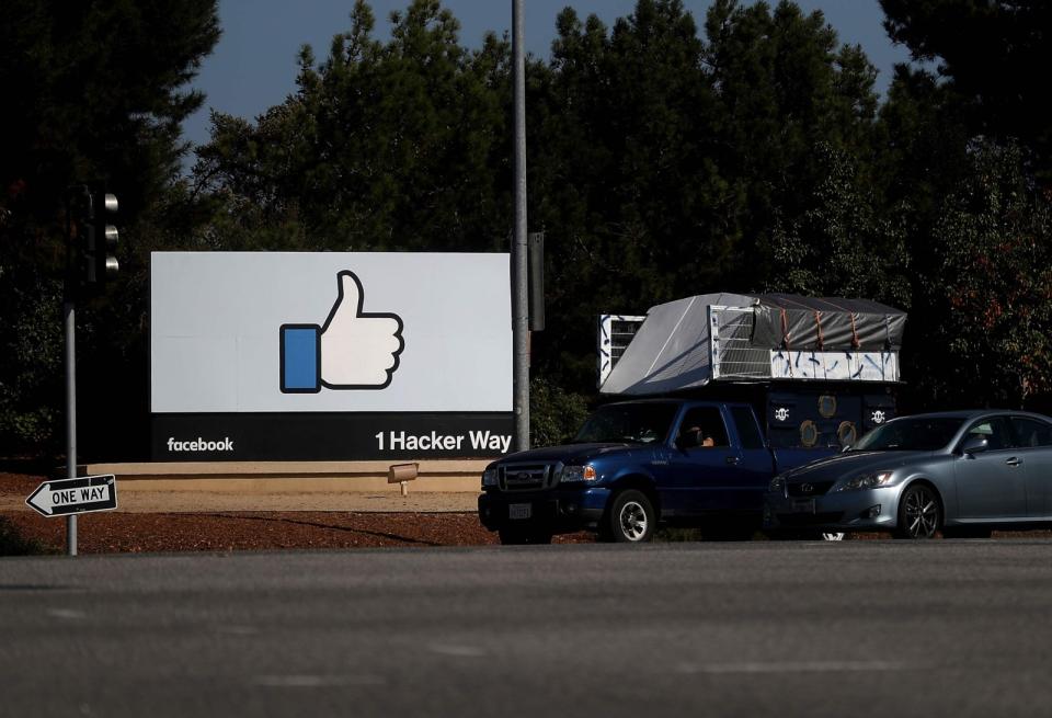 The sign at the entrance to Facebook’s sprawling headquarters in Menlo Park, California. Source: Justin Sullivan/Getty Images