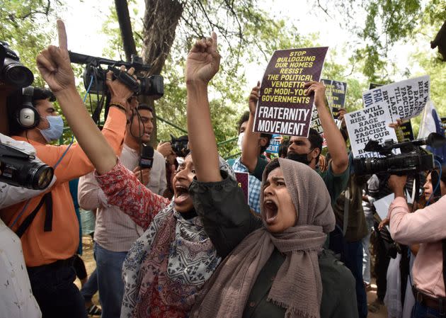 People protest against the demolition of the house of activist Afreen Fatima and her father, Javed Mohammad, on June 13, 2022, in New Delhi, India. (Photo: Salman Ali/Hindustan Times via Getty Images)