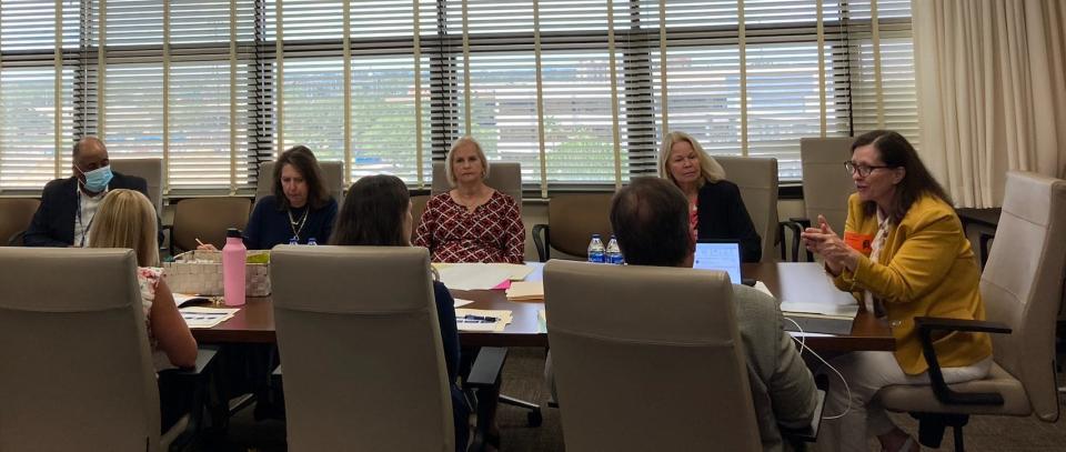 Florida School Boards Association CEO Andrea Messina (right) outlines choices for a superintendent search during a June 2023 Duval County School Board workshop.