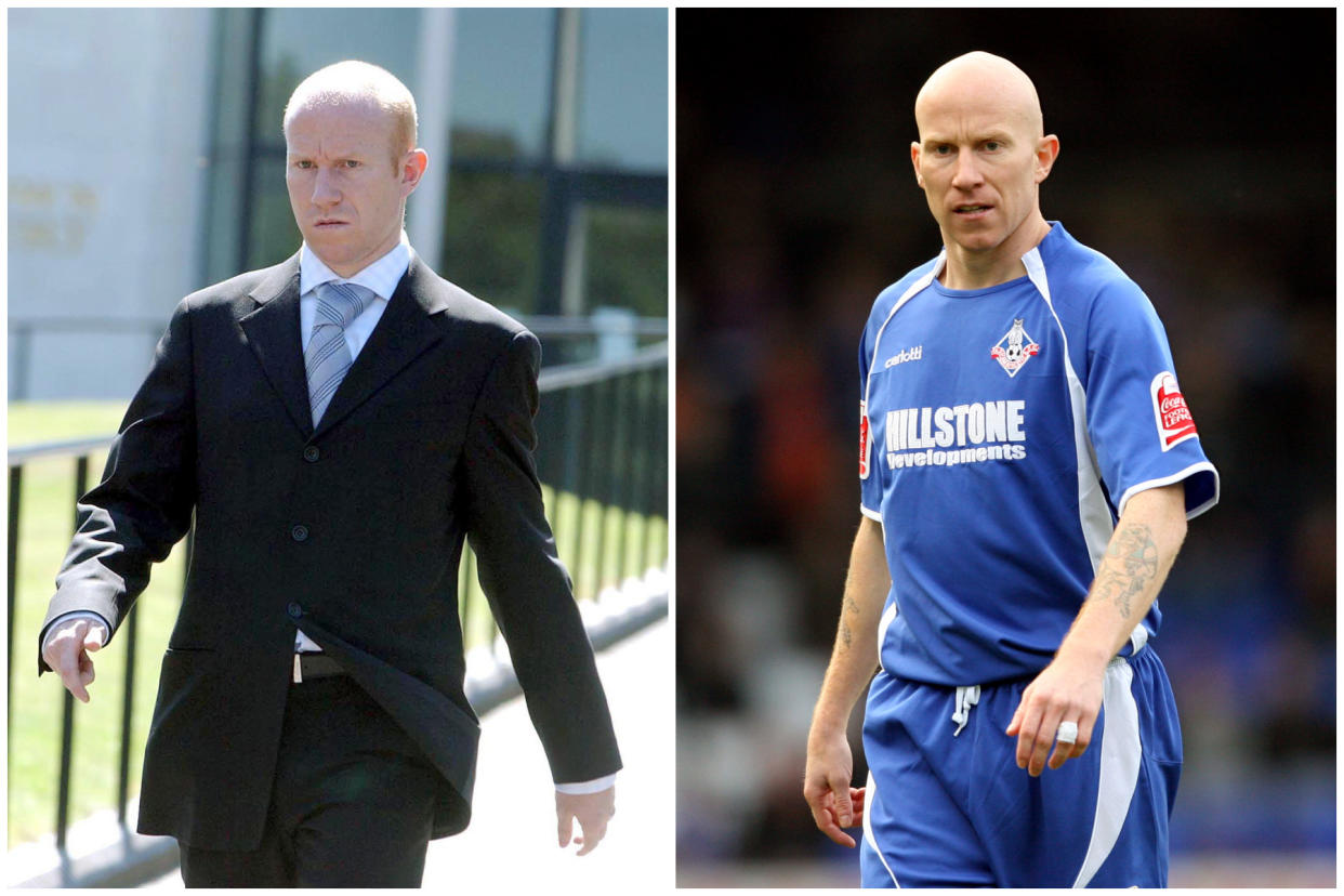 Left, Lee Hughes at Coventry Crown Court in 2004 and right, playing for Oldham following his release. (PA)