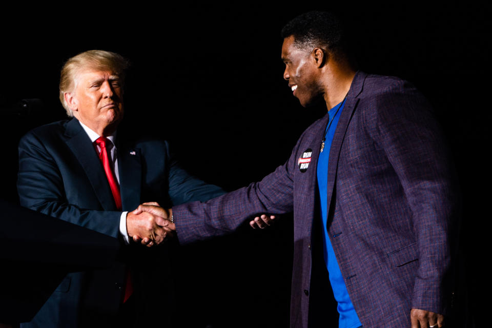 Donald Trump and Herschel Walker shake hands.