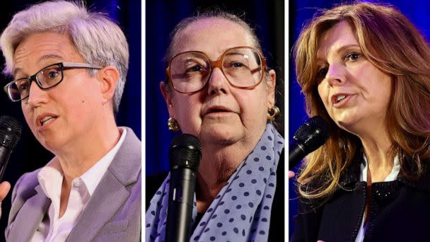 PHOTO: Composited photos show Tina Kotek, Betsy Johnson, and Christine Drazan participating in the gubernatorial debate hosted by the Oregon Newspaper Publishers Association at Mount Hood Oregon Resort in Welches, Ore., July 29, 2022. (Pamplin Media Group via AP, FILE)