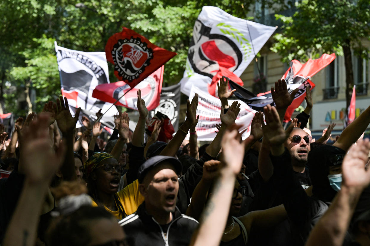 Manifestation organisée en mémoire de Clément Méric, à Paris, le 4 juin 2023, dix ans après la mort du militant antifasciste Clément Méric en 2013 à la suite d’une rixe avec des skinheads.