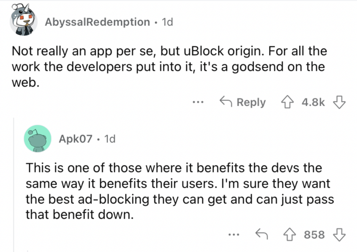 Reddit screenshot about an app that benefits devs and app users.