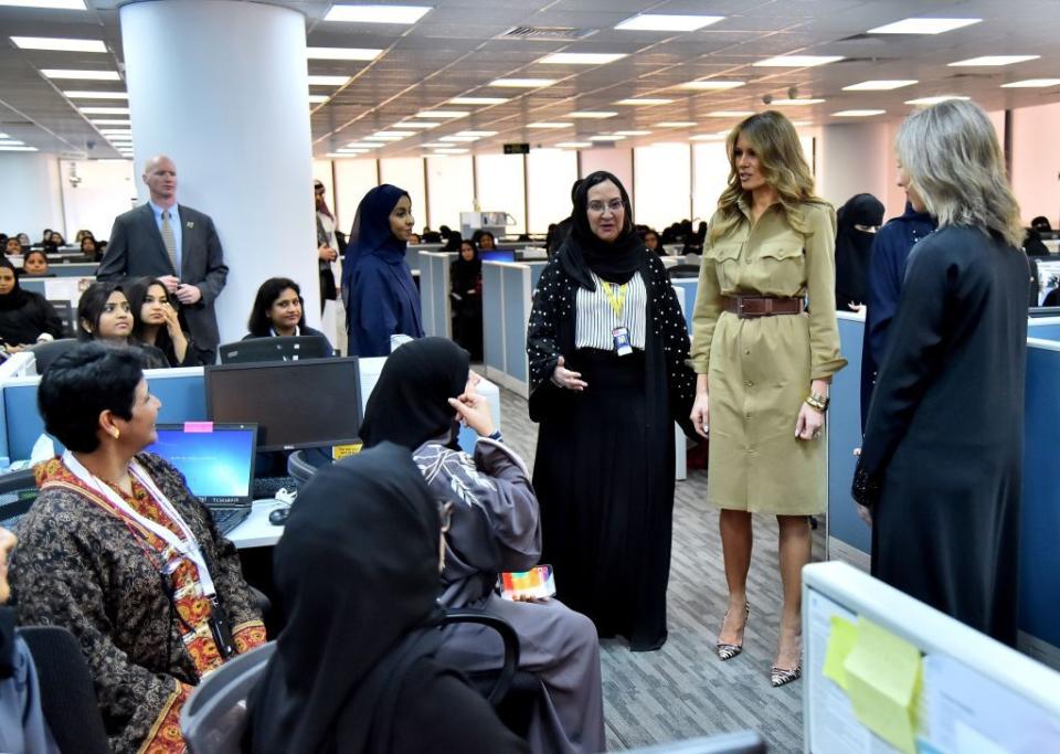 <p>She wore Ralph Lauren on a visit to the <a href="https://www.reuters.com/article/us-usa-trump-flotus/melania-trump-hails-empowerment-of-women-at-saudi-company-visit-idUSKBN18H0PA" rel="nofollow noopener" target="_blank" data-ylk="slk:all-female General Electric Business Process and IT Center;elm:context_link;itc:0;sec:content-canvas" class="link ">all-female General Electric Business Process and IT Center</a> in Saudi Arabia.</p>